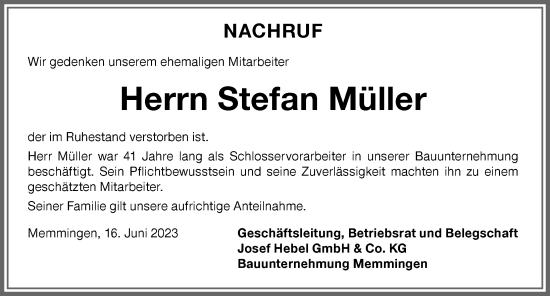 Traueranzeige von Stefan Müller von Memminger Zeitung