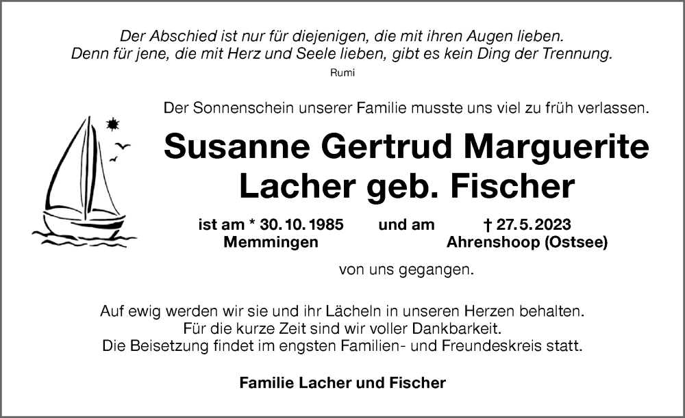  Traueranzeige für Susanne Gertrud Marguerite Lacher vom 10.06.2023 aus Memminger Zeitung