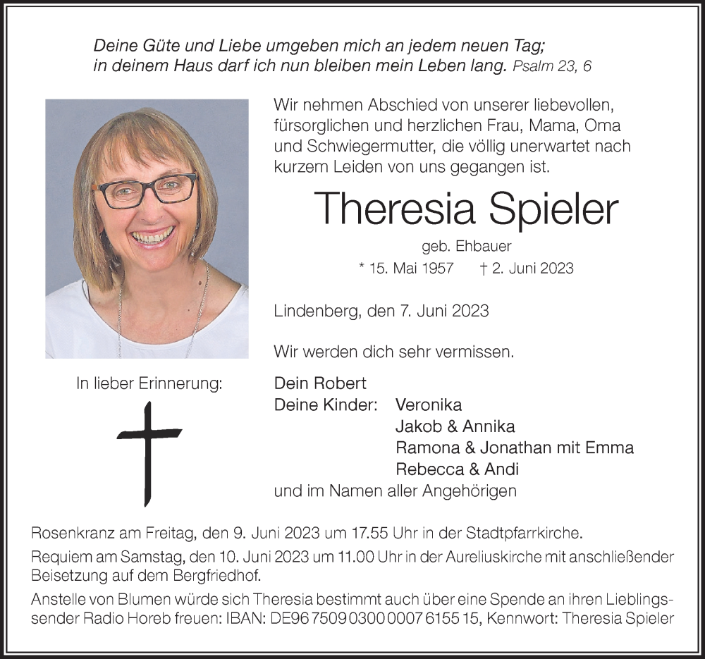  Traueranzeige für Theresia Spieler vom 07.06.2023 aus Der Westallgäuer