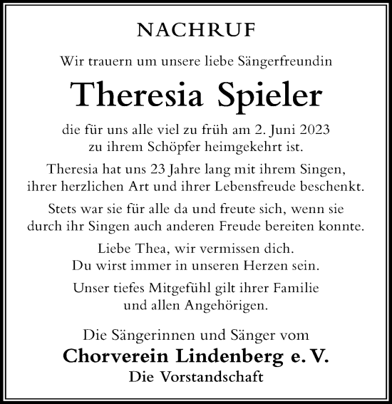 Traueranzeige von Theresia Spieler von Der Westallgäuer