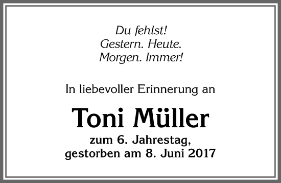 Traueranzeige von Toni Müller von Allgäuer Anzeigeblatt