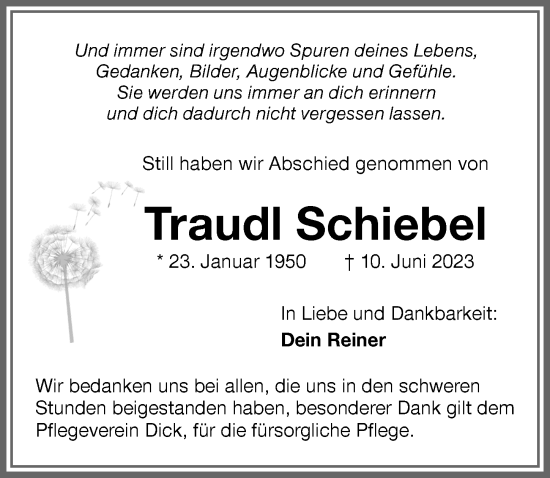 Traueranzeige von Traudl Schiebe von Allgäuer Zeitung,Kempten