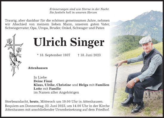 Traueranzeige von Ulrich Singer von Memminger Zeitung