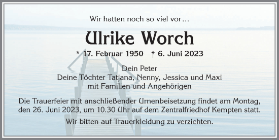 Traueranzeige von Ulrike Worch von Allgäuer Zeitung,Kempten