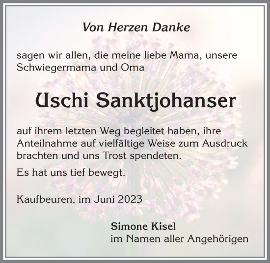 Traueranzeige von Uschi Sanktjohanser von Allgäuer Zeitung, Kaufbeuren/Buchloe
