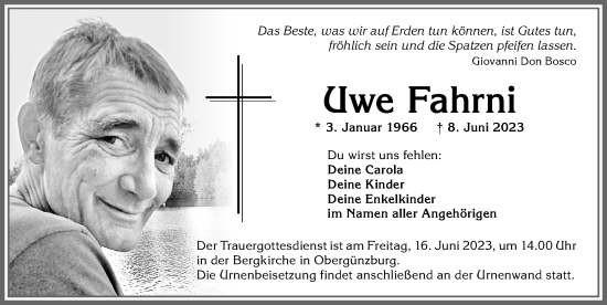 Traueranzeige von Uwe Fahrni von Allgäuer Zeitung, Marktoberdorf