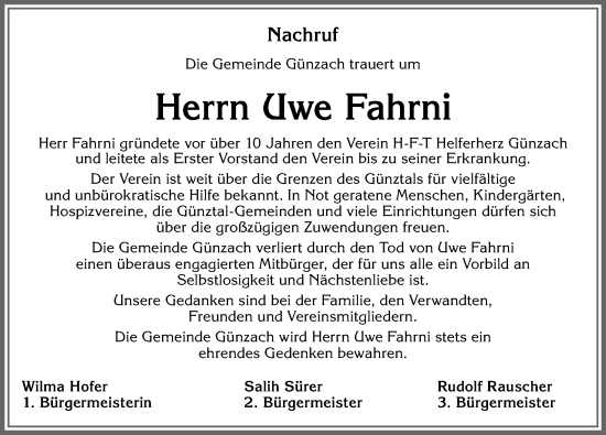 Traueranzeige von Uwe Fahrni von Allgäuer Zeitung, Marktoberdorf