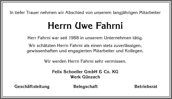 Traueranzeige von Uwe Fahrni von Allgäuer Zeitung, Marktoberdorf