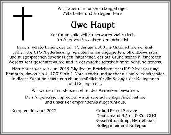 Traueranzeige von Uwe Haupt von Allgäuer Anzeigeblatt