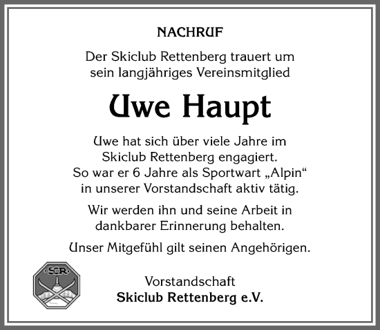 Traueranzeige von Uwe Haupt von Allgäuer Anzeigeblatt