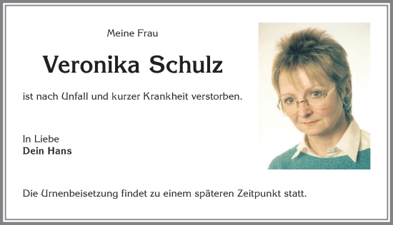 Traueranzeige von Veronika Schulz von Allgäuer Anzeigeblatt