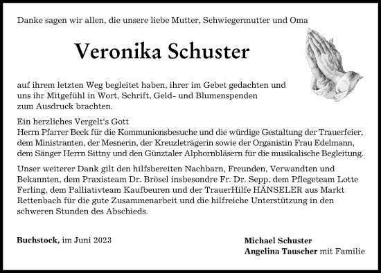 Traueranzeige von Veronika Schuster von Allgäuer Zeitung, Marktoberdorf