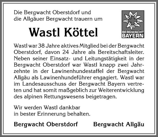 Traueranzeige von Wastl Köttel von Allgäuer Anzeigeblatt