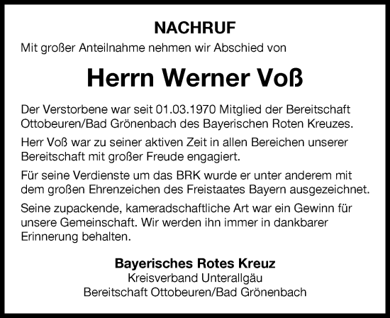 Traueranzeige von Werner Voß von Memminger Zeitung