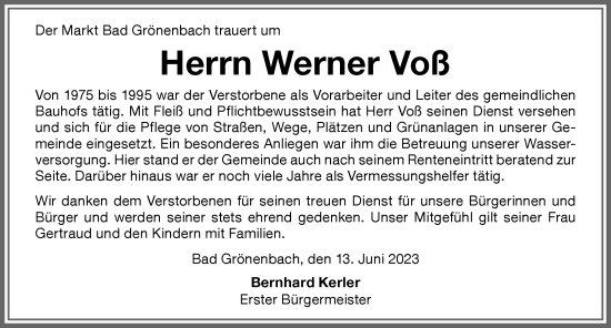 Traueranzeige von Werner Voß von Memminger Zeitung