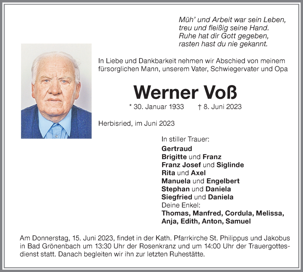  Traueranzeige für Werner Voß vom 13.06.2023 aus Memminger Zeitung