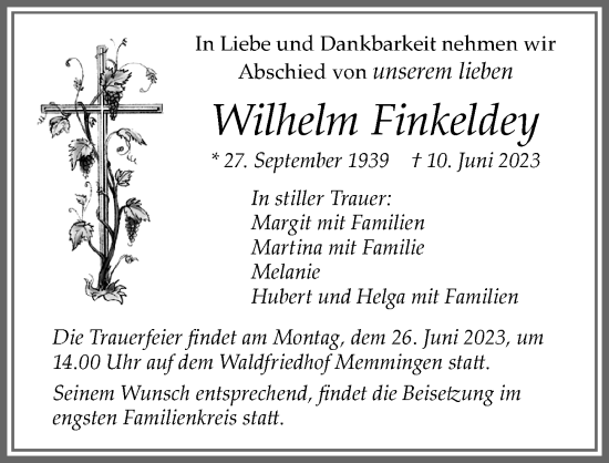 Traueranzeige von Wilhelm Finkeldey von Allgäuer Zeitung, Marktoberdorf