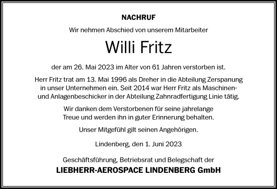 Traueranzeige von Willi Fritz von Der Westallgäuer