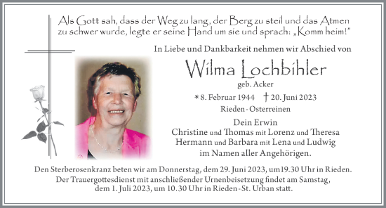 Traueranzeige von Wilma Lochbihler von Allgäuer Zeitung, Füssen
