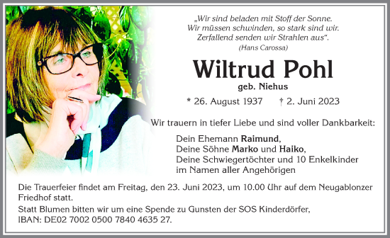 Traueranzeige von Wiltrud Pohl von Allgäuer Zeitung, Kaufbeuren/Buchloe