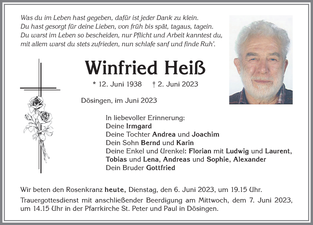  Traueranzeige für Winfried Heiß vom 06.06.2023 aus Allgäuer Zeitung, Kaufbeuren/Buchloe