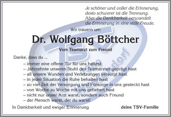 Traueranzeige von Wolfgang Böttcher von Allgäuer Zeitung, Kaufbeuren/Buchloe