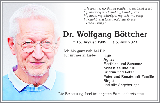 Traueranzeige von Wolfgang Böttcher von Allgäuer Zeitung, Kaufbeuren/Buchloe