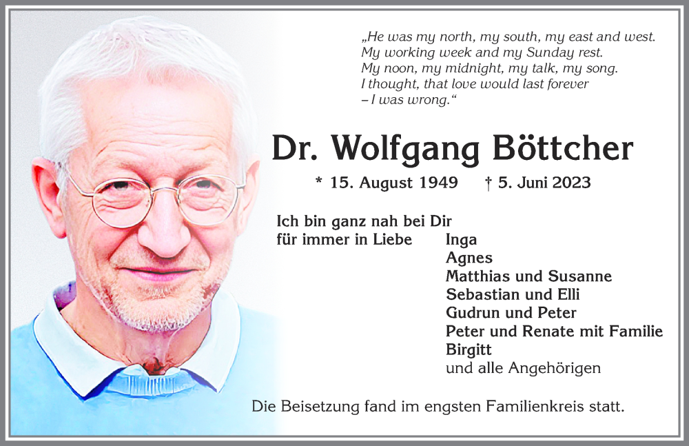  Traueranzeige für Wolfgang Böttcher vom 17.06.2023 aus Allgäuer Zeitung, Kaufbeuren/Buchloe