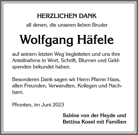 Traueranzeige von Wolfgang Häfele von Allgäuer Zeitung, Füssen