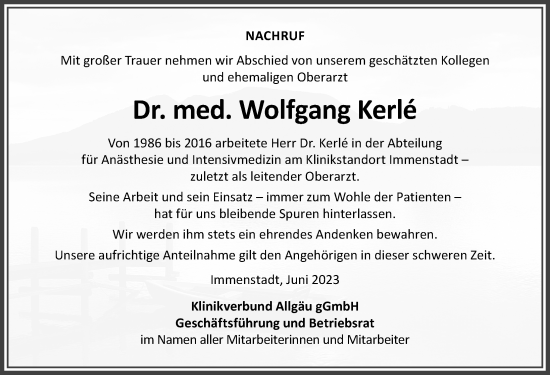 Traueranzeige von Wolfgang Kerle von Allgäuer Zeitung,Kempten