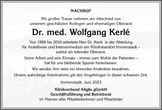 Traueranzeige von Wolfgang Kerle von Allgäuer Anzeigeblatt
