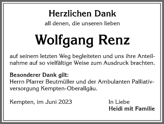 Traueranzeige von Wolfgang Renz von Allgäuer Zeitung,Kempten