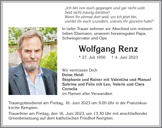 Traueranzeige von Wolfgang Renz von Allgäuer Zeitung,Kempten