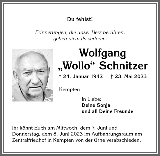 Traueranzeige von Wolfgang Schnitzer von Allgäuer Zeitung,Kempten