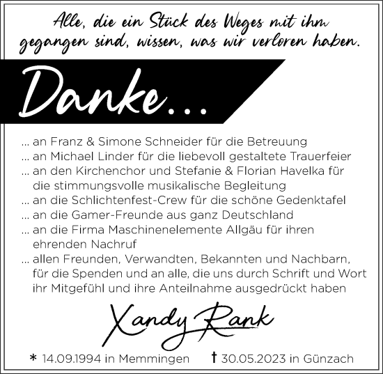 Traueranzeige von Xandy Rank von Allgäuer Zeitung, Marktoberdorf