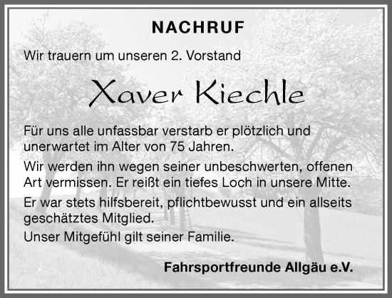 Traueranzeige von Xaver Kiechle von Allgäuer Zeitung,Kempten