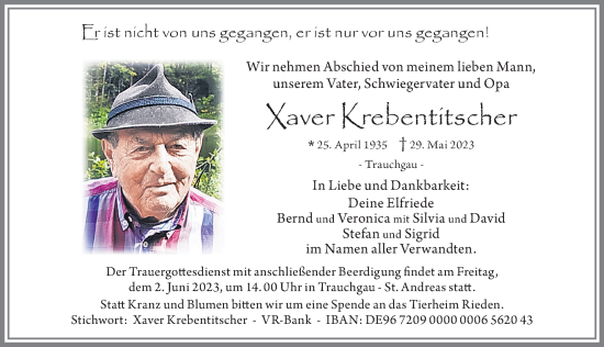 Traueranzeige von Xaver Krebentitscher von Allgäuer Zeitung, Füssen