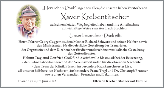 Traueranzeige von Xaver Krebentitscher von Allgäuer Zeitung, Füssen