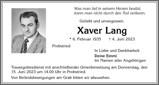 Traueranzeige von Xaver Lang von Allgäuer Zeitung,Kempten