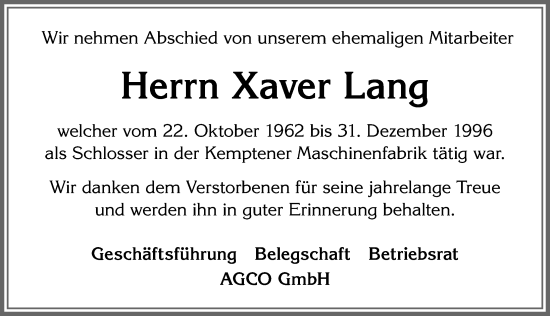 Traueranzeige von Xaver Lang von Allgäuer Zeitung, Marktoberdorf