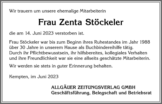 Traueranzeige von Zenta Stöckeler von Allgäuer Zeitung,Kempten