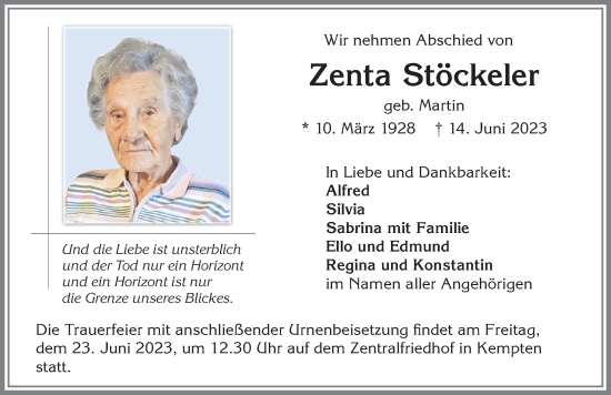 Traueranzeige von Zenta Stöckeler von Allgäuer Zeitung,Kempten