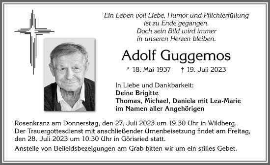 Traueranzeige von Adolf Guggemos von Allgäuer Zeitung, Marktoberdorf
