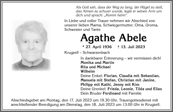 Traueranzeige von Agathe Abele von Allgäuer Zeitung,Kempten