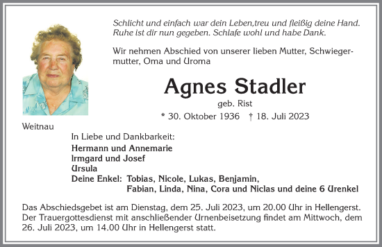 Traueranzeige von Agnes Stadler von Allgäuer Zeitung,Kempten