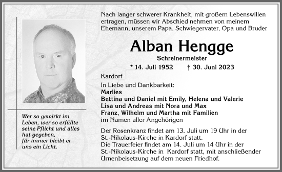 Traueranzeige von Alban Hengge von Memminger Zeitung