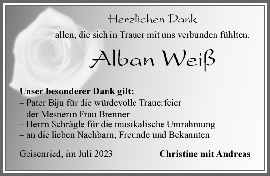 Traueranzeige von Alban Weiß von Allgäuer Zeitung, Marktoberdorf