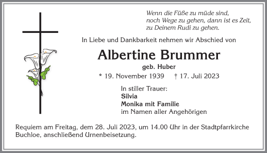 Traueranzeige von Albertine Brummer von Allgäuer Zeitung, Kaufbeuren/Buchloe
