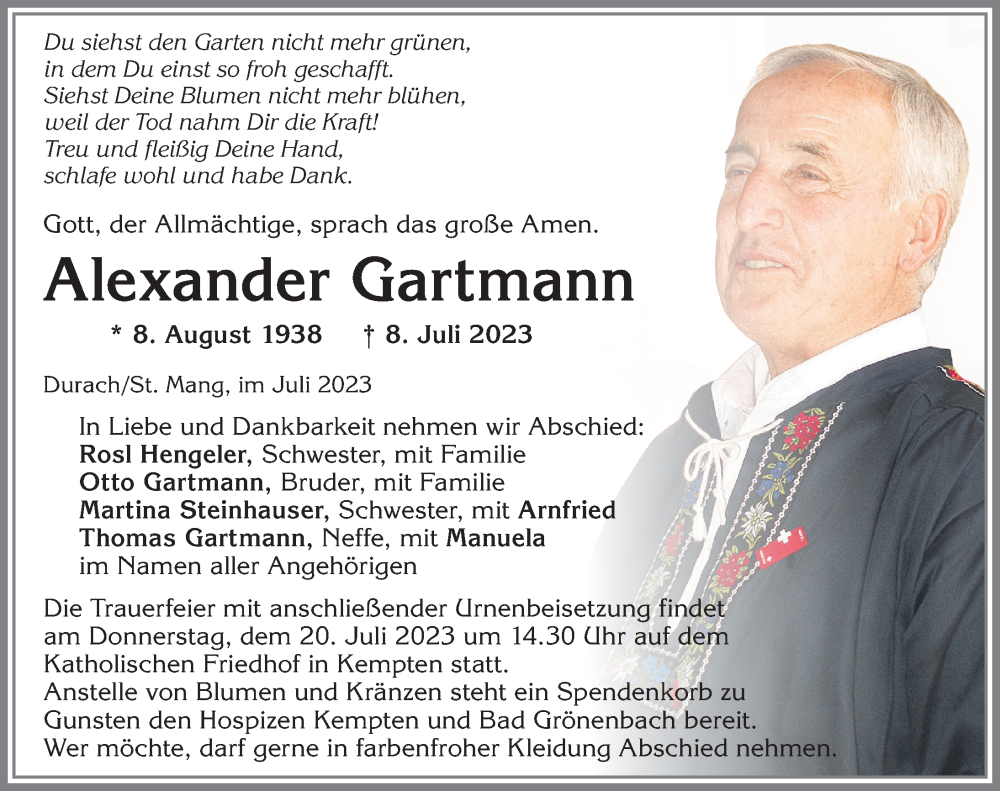  Traueranzeige für Alexander Gartmann vom 15.07.2023 aus Allgäuer Zeitung, Gesamtausgabe
