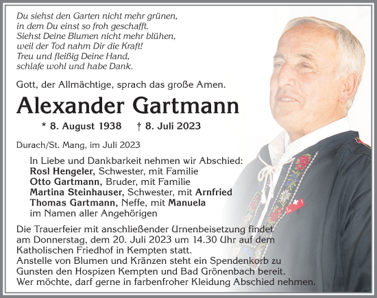 Traueranzeige von Alexander Gartmann von Allgäuer Zeitung, Gesamtausgabe